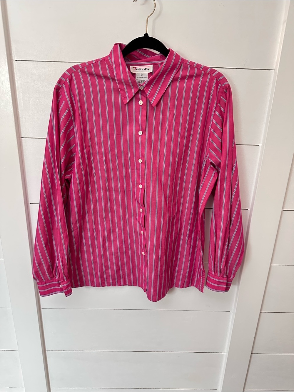 VTG Talbots 12 cotton pink-blue pin stripe classic boyfriend casual button down